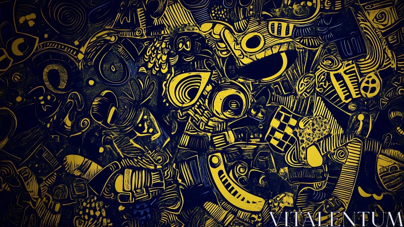 Abstract yellow and blue doodle art with whimsical patterns.