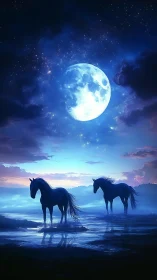 Moonlit horses wander beneath a glowing midnight sky.