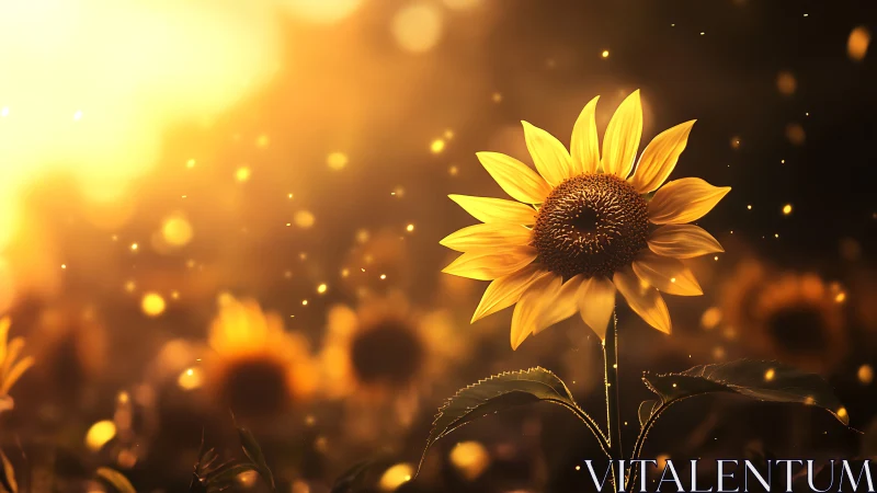 Backlit sunflower with particulate bokeh in golden-hour field.