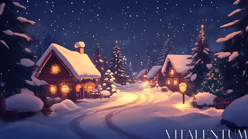 Snow-covered village lane under warm incandescent holiday lighting