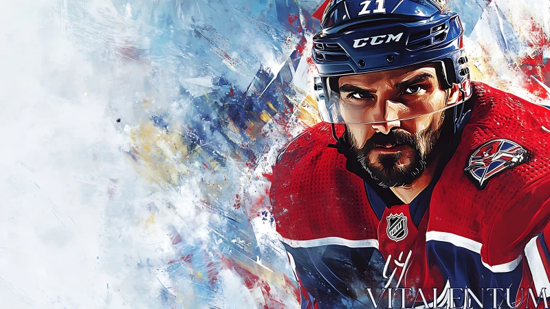 Ice hockey player portrait in red jersey on abstract field.