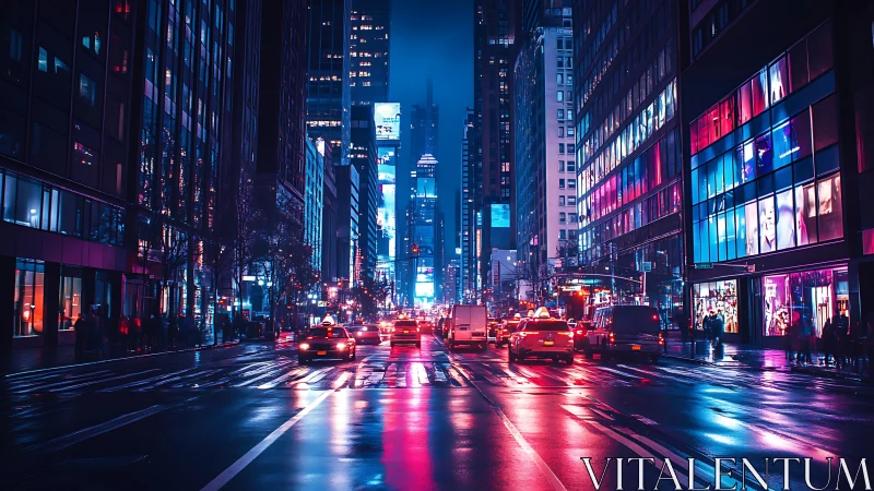 Neon lit city street at night with cars and wet pavement.