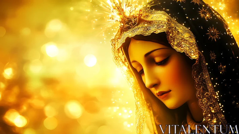 Luminous digital iconography of veiled woman in aureate bokeh.