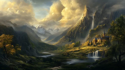 Sunlit castle nestles in a misty valley of towering giants