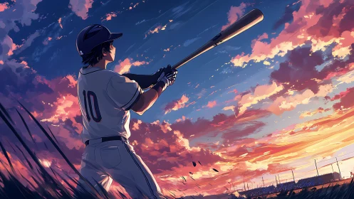 Baseball batter silhouetted against a dramatic anime sunset sky