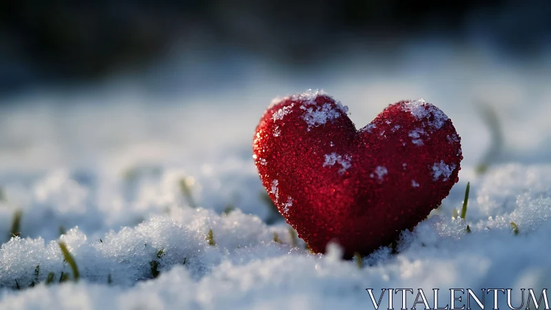 Red heart-shaped object resting on frost-covered ground surface