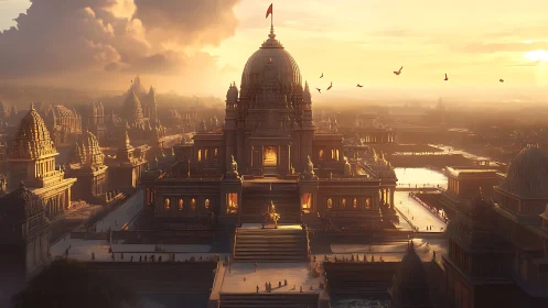 Golden sunrise over monumental temple cityscape panorama.