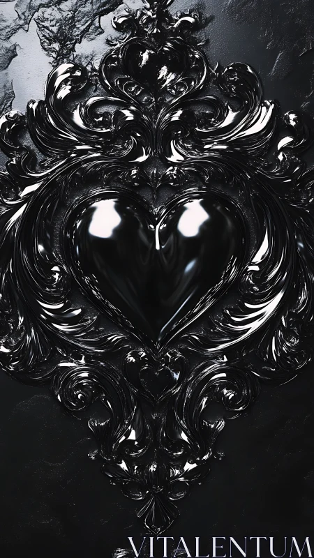 Ornamental Heart Rendered in Glossy Black Baroque Relief Sculpture