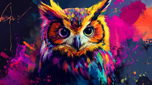 Vibrant owl portrait in abstract neon colors, digital art style.