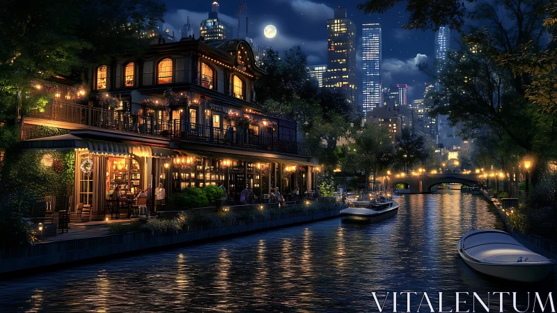 Canal-side bistro glows against a shimmering city skyline.