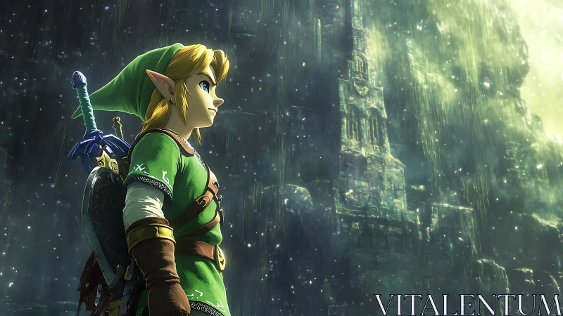 Elf warrior surveys towering ruin in emerald rainstorm.