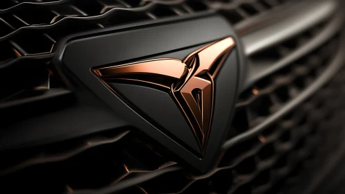 Copper emblem on dark car grille conveys refined performance