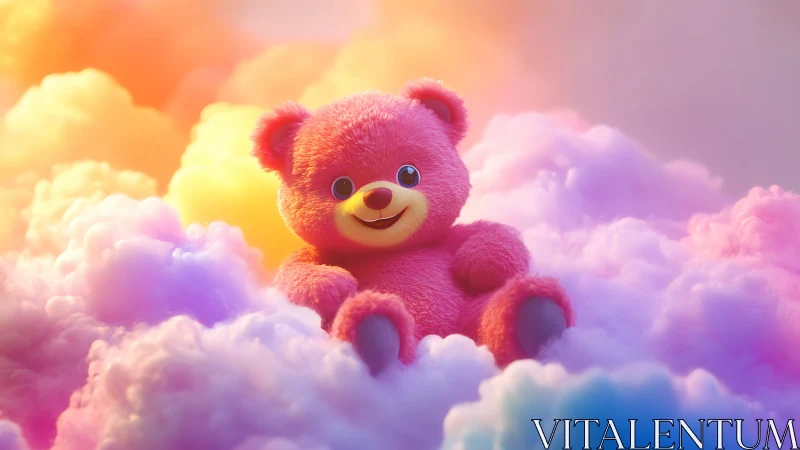 Pink teddy bear sits in soft multicolored cloud environment.