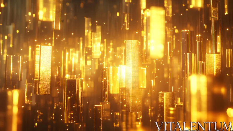 Abstract floating golden pillars, glowing futuristic digital art.