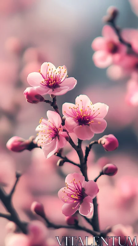 Pink cherry blossoms bloom on delicate branches.