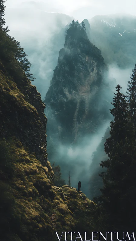 Lone hiker gazes toward a mist-shrouded mountain spire