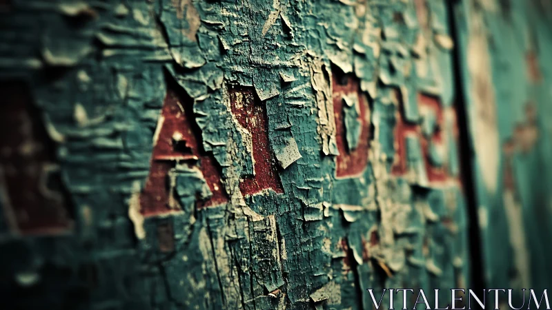 Cracked teal paint slowly reveals stubborn red letters beneath