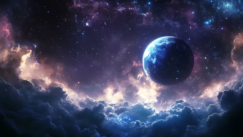 Celestial planet rising above nebula clouds in luminous cosmos.