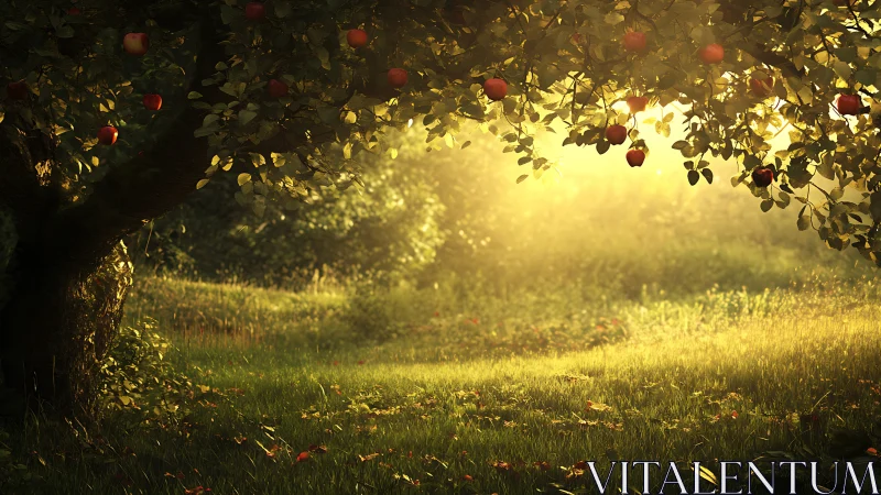 Sunlit apple orchard under warm golden evening backlight.
