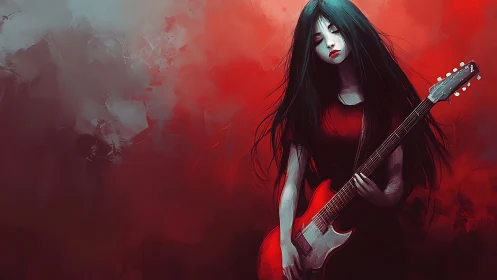 Melancholic guitarist rendered in high contrast red tonal abstraction