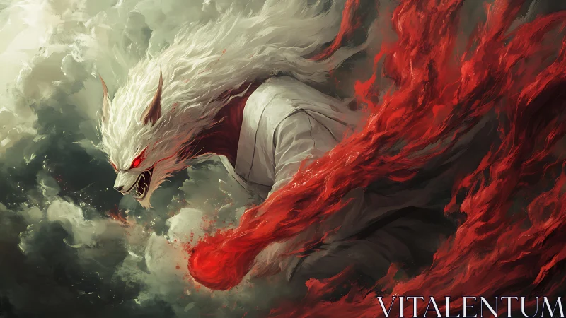 White demon wolf unleashes burning crimson energy storm.