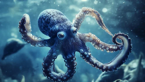 Curious blue octopus pirouettes through shimmering seafloor dreams.