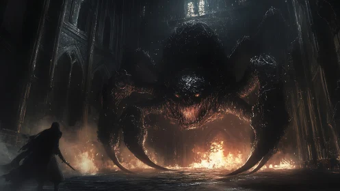 Lone hero confronting a towering infernal spider beast.
