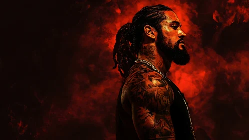 Tattooed male profile against red abstract digital backdrop.