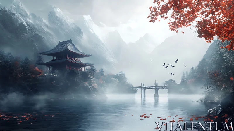 Mist-veiled pagoda and bridge contrast against snowbound peaks