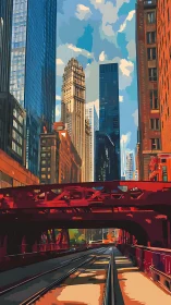 Urban bridge and skyscrapers in stylized daylight cityscape.