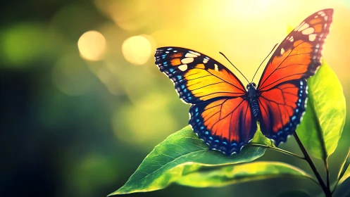 Macro study of orange butterfly on leaf with bokeh backlight