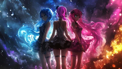 Triadic anime figures with spectral lighting and opposed color fields