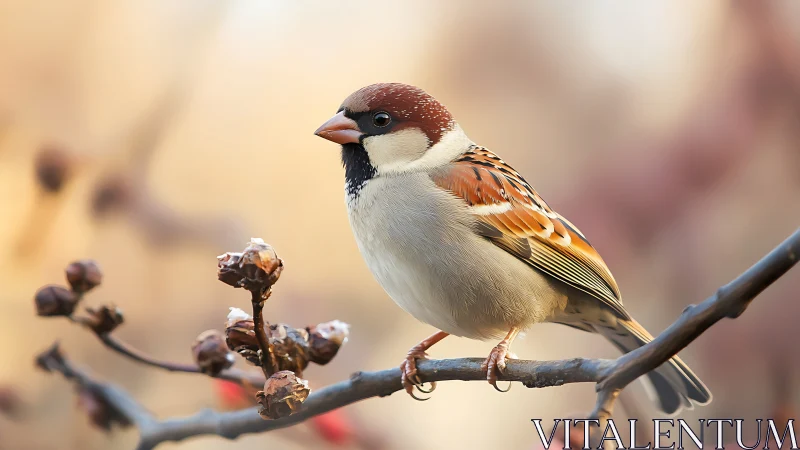 Close-up of a House Sparrow on Branch, Soft Natural Light Photo.