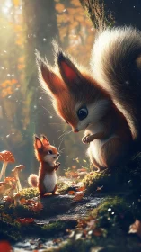 Woodland whisperers: tender squirrel tale in amber light.