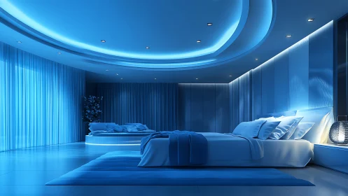 Futuristic blue bedroom interior uses curved lighting design