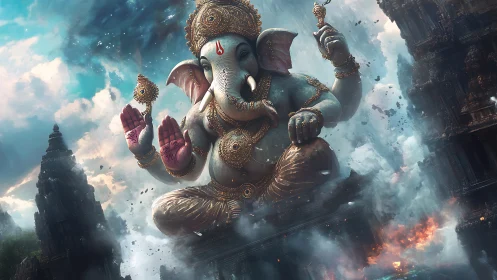 Majestic skyborne Ganesha blessing swirling temple clouds.