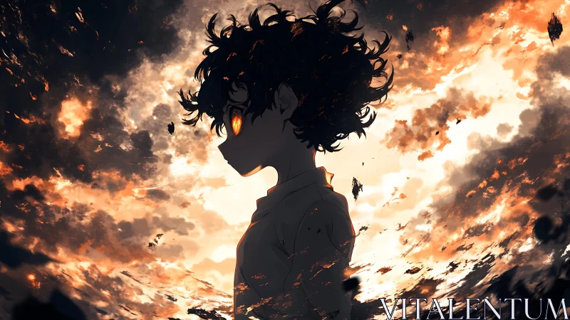 Silhouetted boy with burning eyes stands against storm sky