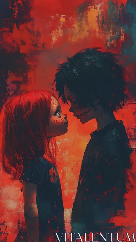 Dark fairytale children in crimson painterly embrace.