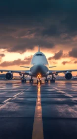 Photorealistic frontal jet portrait with runway symmetry at dusk.