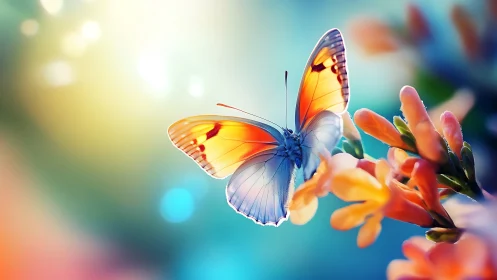 Delicate butterfly rests on soft blossoms in glowing light