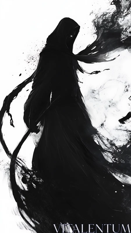 Hooded wraith silhouette with scythe in high contrast ink wash