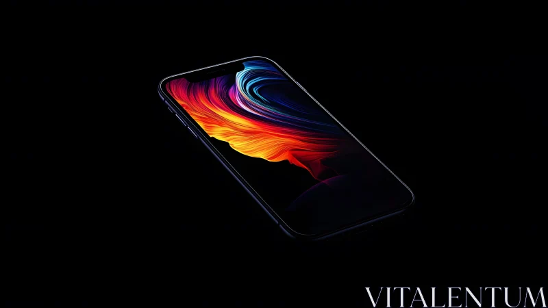 Modern smartphone with vibrant abstract wallpaper on black background.