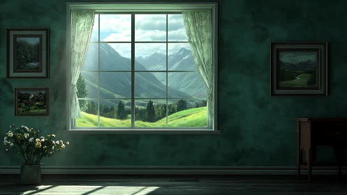Mountain daydream framed by a quiet, emerald green room.