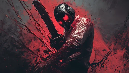 Blood-soaked chainsaw wielder in gas mask amid dynamic splatter