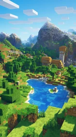 Peaceful blocky valley with bright lake and cozy village.