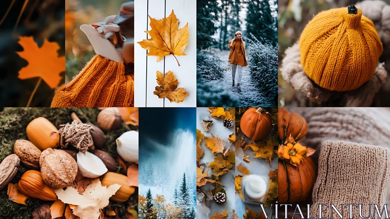Autumn collage blends cozy knits, pumpkins, leaves, and frost.