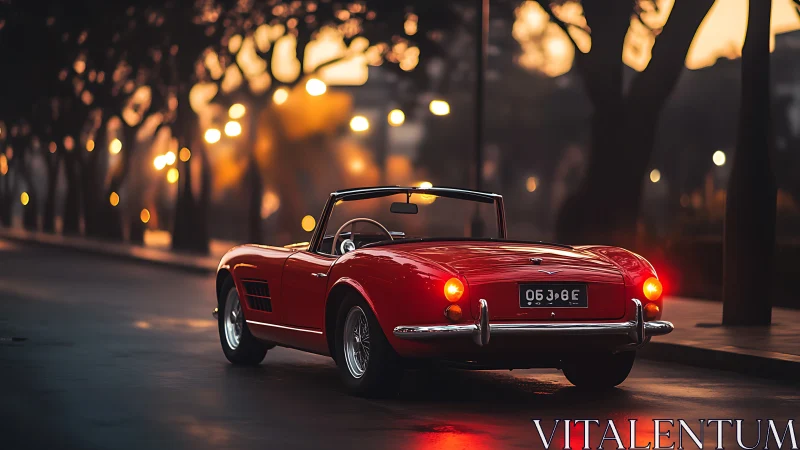 Red vintage convertible is parked on a wet city street at dusk