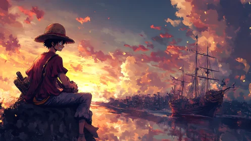 Straw hat boy studies sunset harbor beside tall ship.