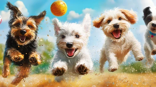 Small dogs running toward camera on sandy outdoor field.