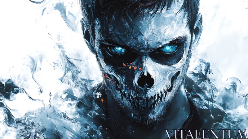 Icy skull-faced warrior stares forward with blazing blue eyes